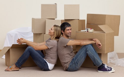 Packed boxes and furniture prepared for a removal service